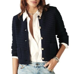 BA&SH‎ Gaspard Decorative Marine Navy Blue Knit Lady Cardigan Size Medium